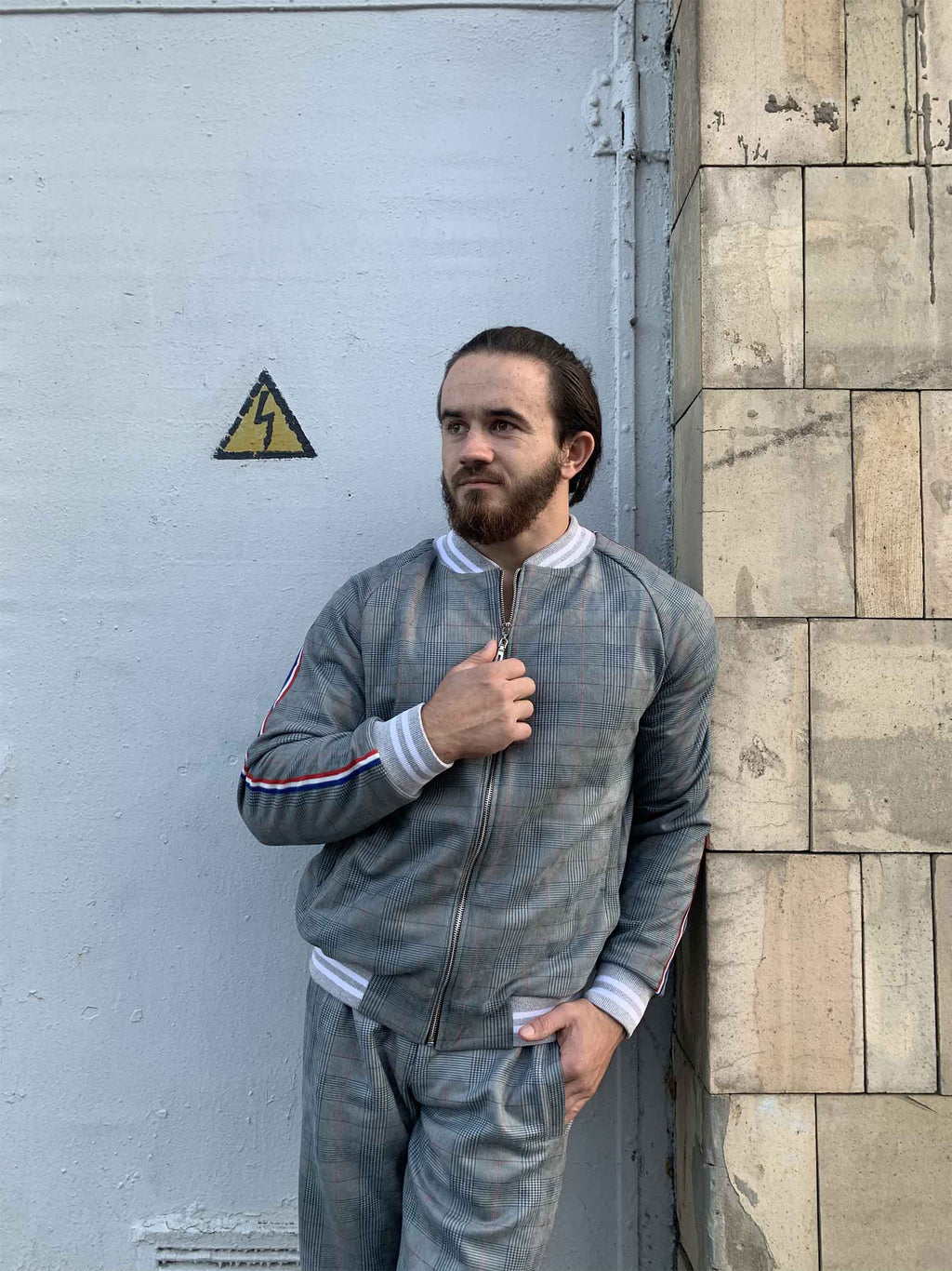 Slate Grey Glen Plaid Gentlemen Tracksuit — glen plaid bomber jacket and joggers, jacket close-up, three-quarter view