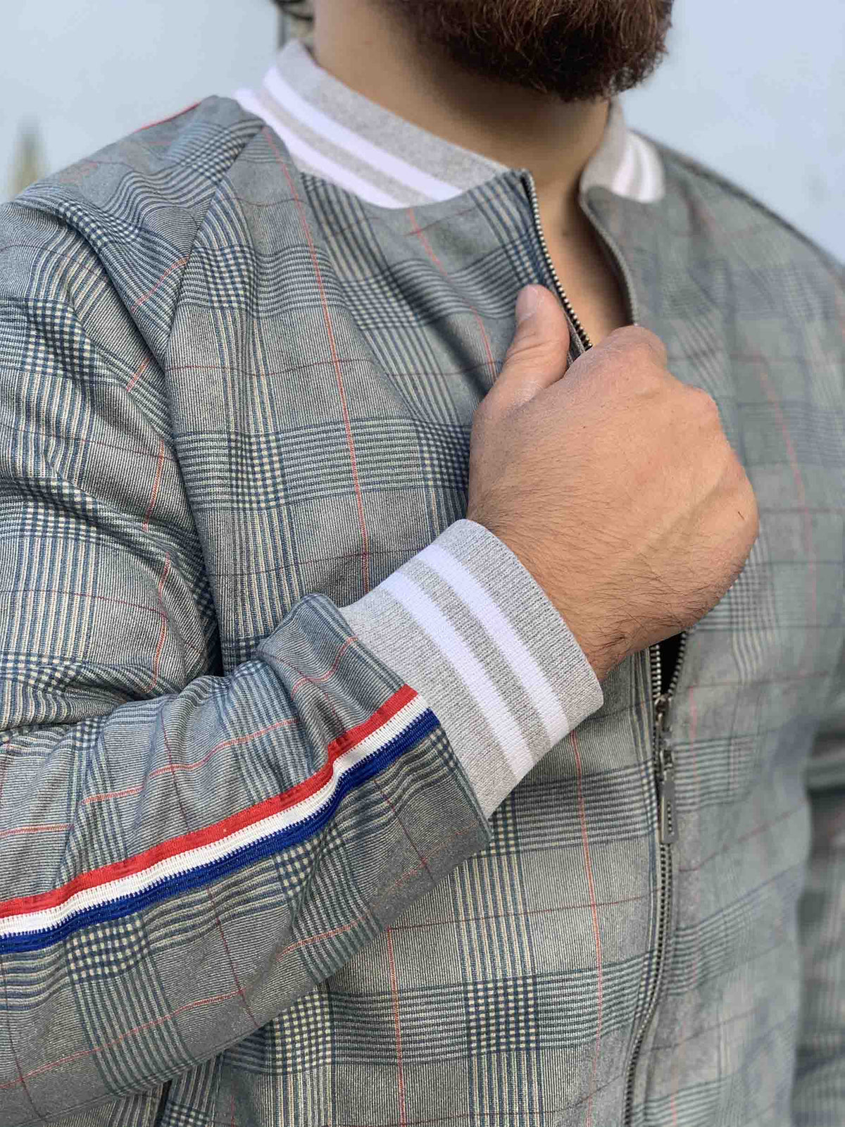 Slate Grey Glen Plaid Gentlemen Tracksuit — close-up of the zipper and cuff