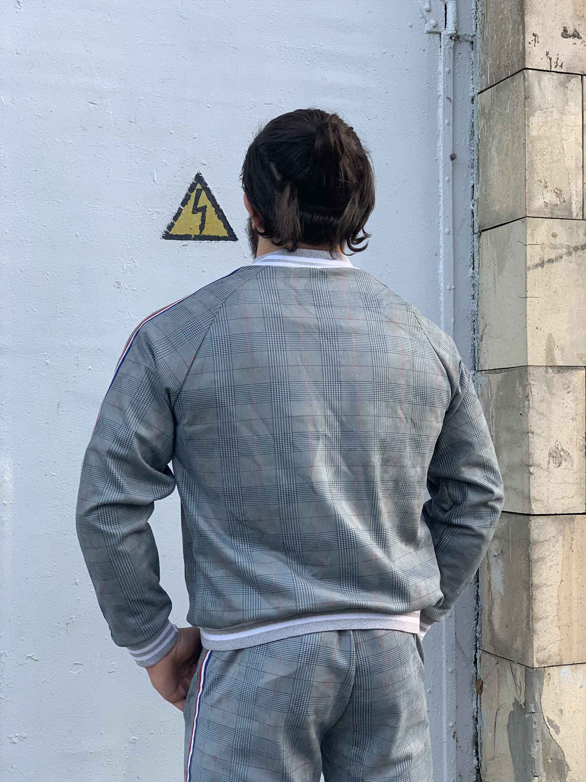 Slate Grey Glen Plaid Gentlemen Tracksuit — close-up of the jacket back