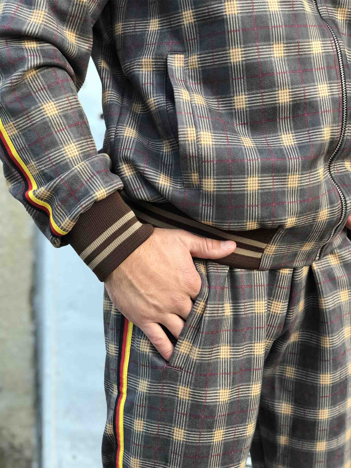 Brown Checkered Tracksuit — close-up of the cuff and pocket