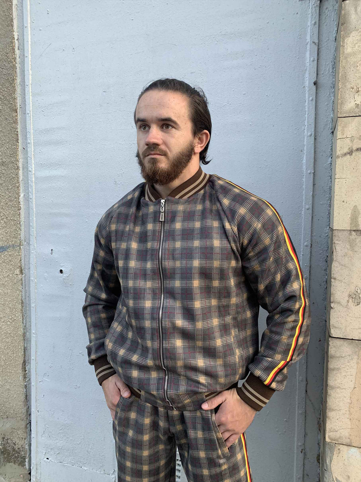 Brown Checkered Tracksuit — close-up of the bomber jacket, three-quarter view