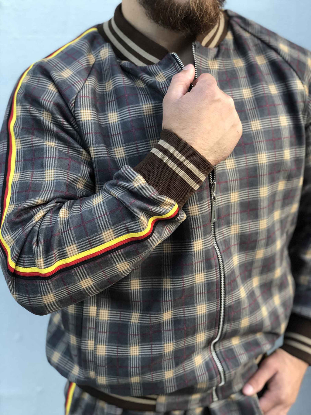 Brown Checkered Tracksuit — close-up of the collar and zipper