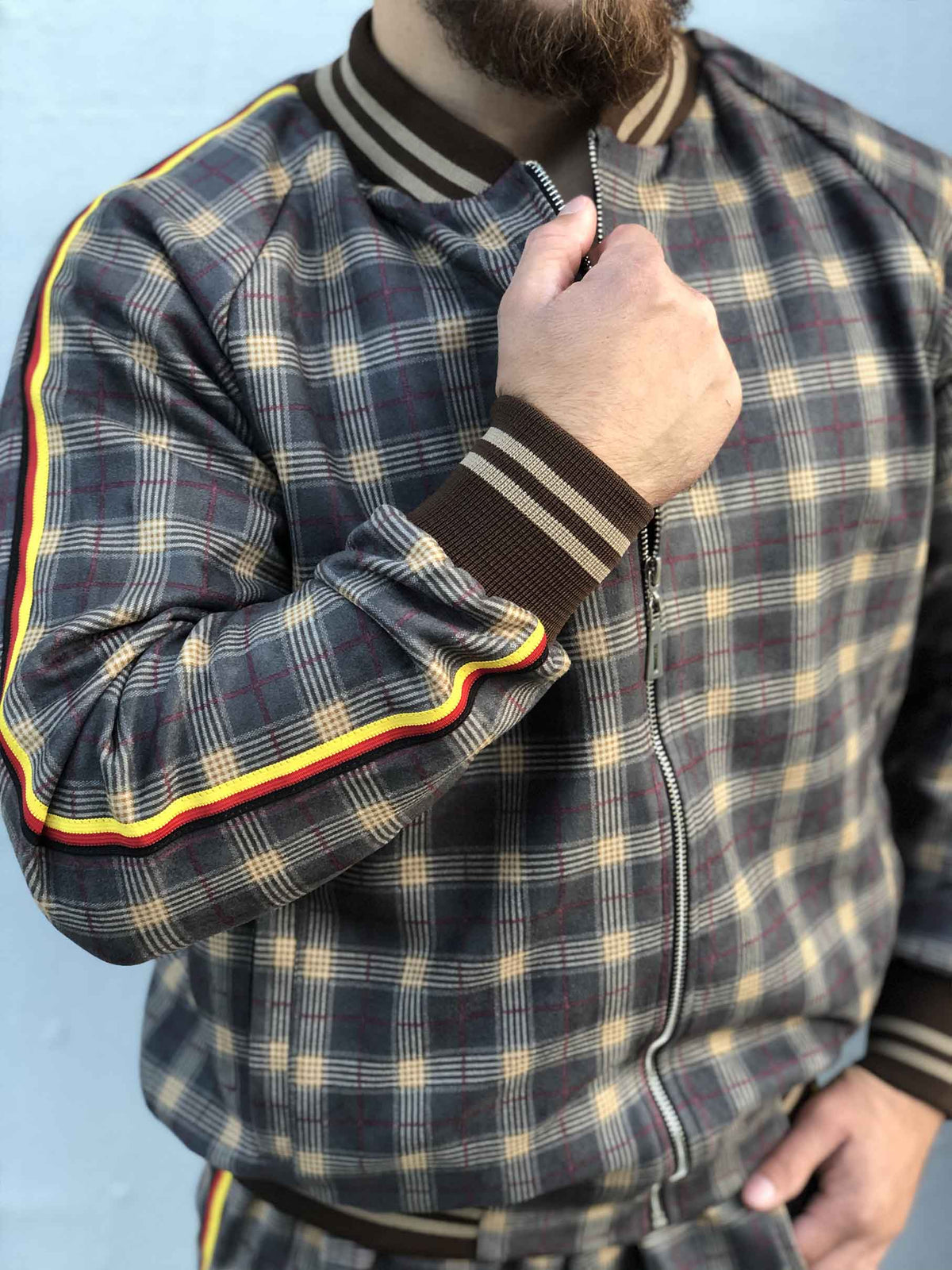 Brown Checkered Tracksuit — close-up of the collar and zipper