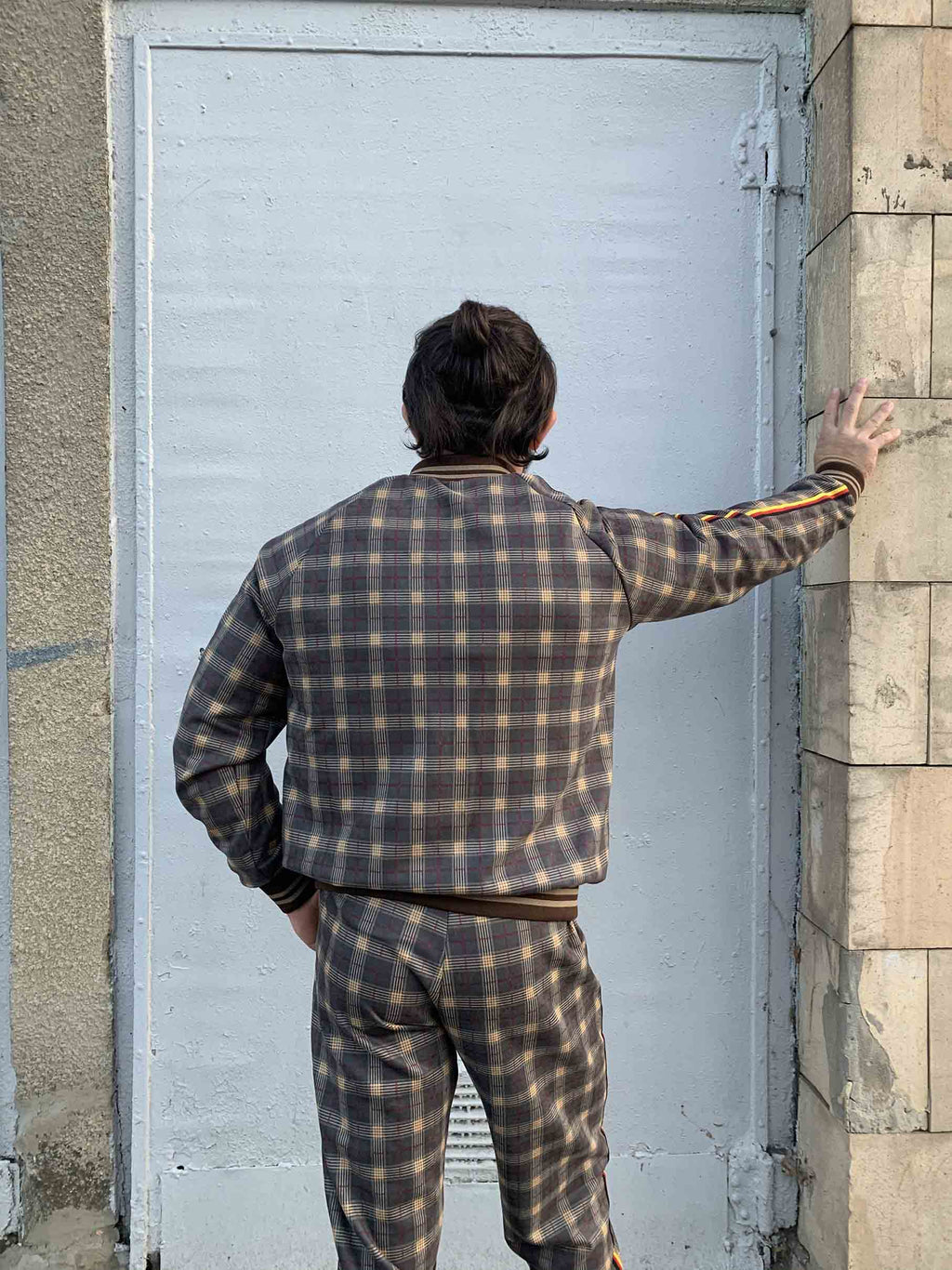 Brown Checkered Tracksuit — close-up of the jacket back