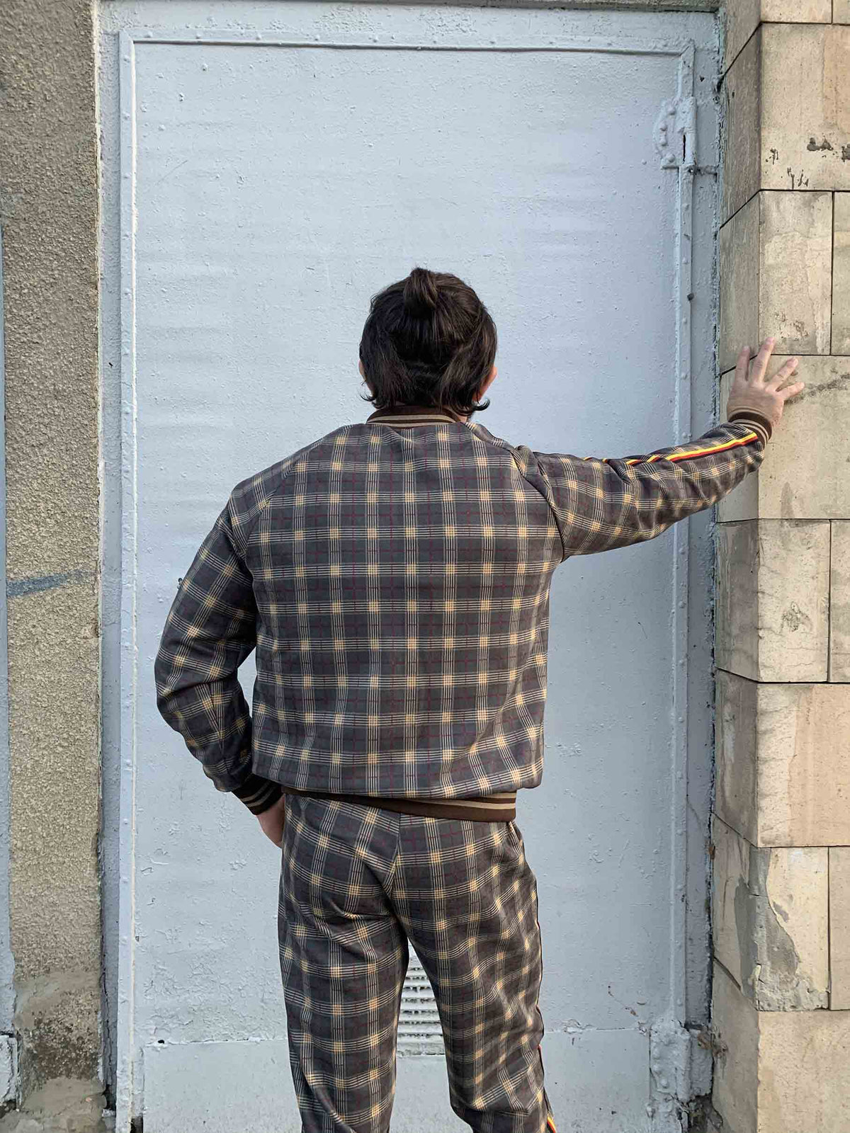 Brown Checkered Tracksuit — close-up of the jacket back