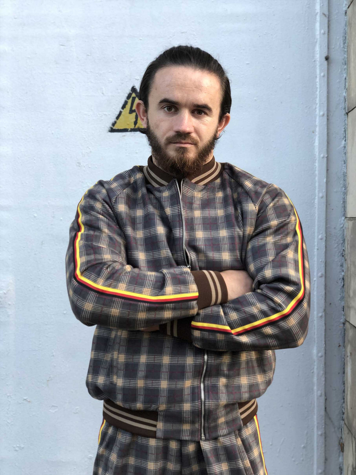 Brown Checkered Tracksuit — close-up of the bomber jacket
