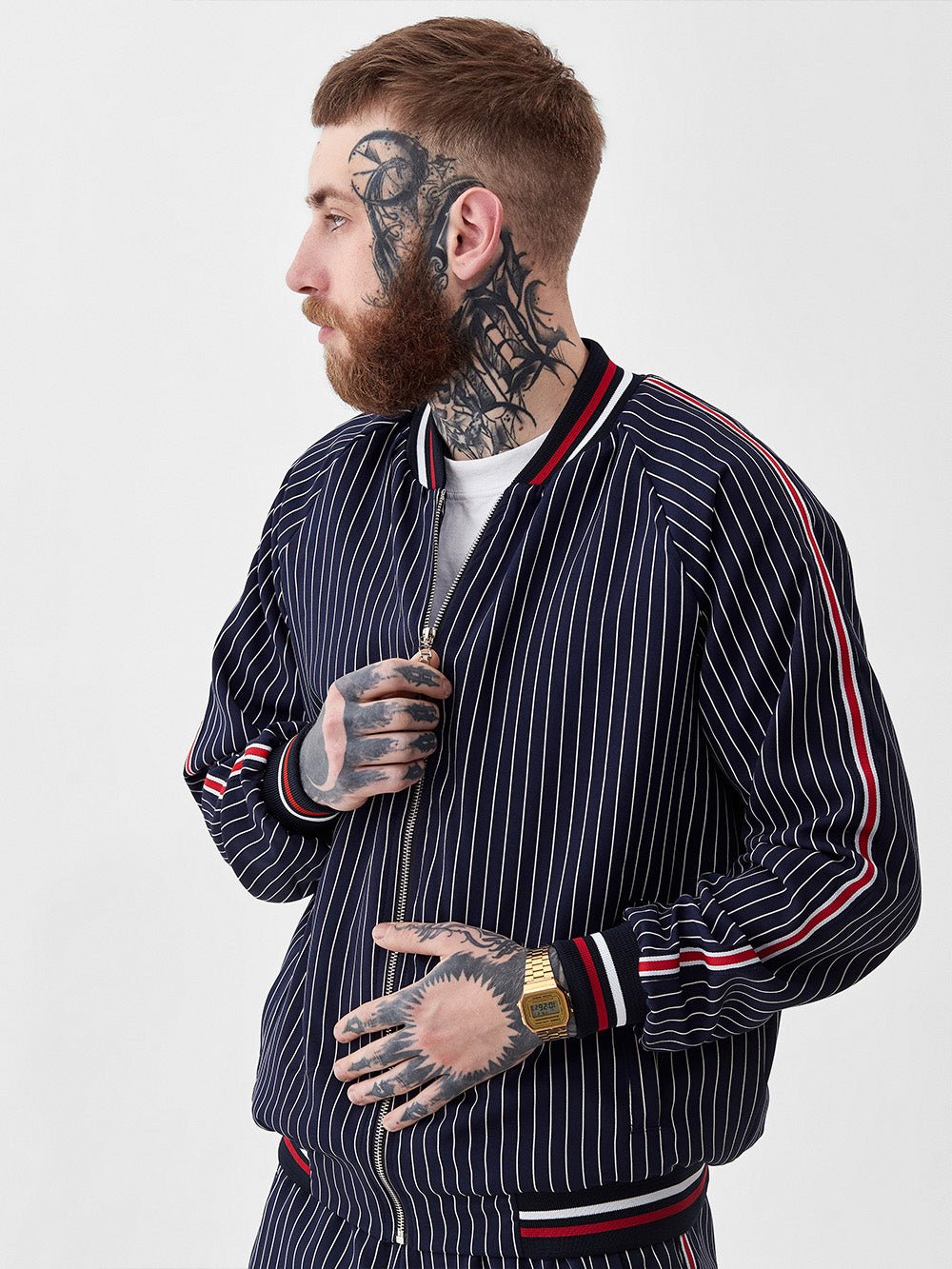 Navy Gangster Gentlemen Tracksuit — close-up of the bomber jacket, three-quarter view