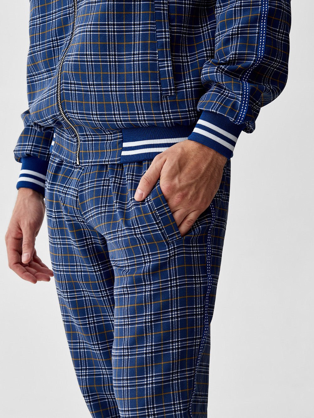 Navy Plaid Gentlemen Tracksuit — close-up of the cuff and pocket