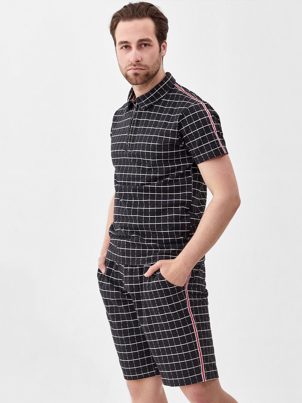 Black Windowpane Summer Set — windowpane polo shirt and shorts inspired by The Gentlemen, shirt close-up