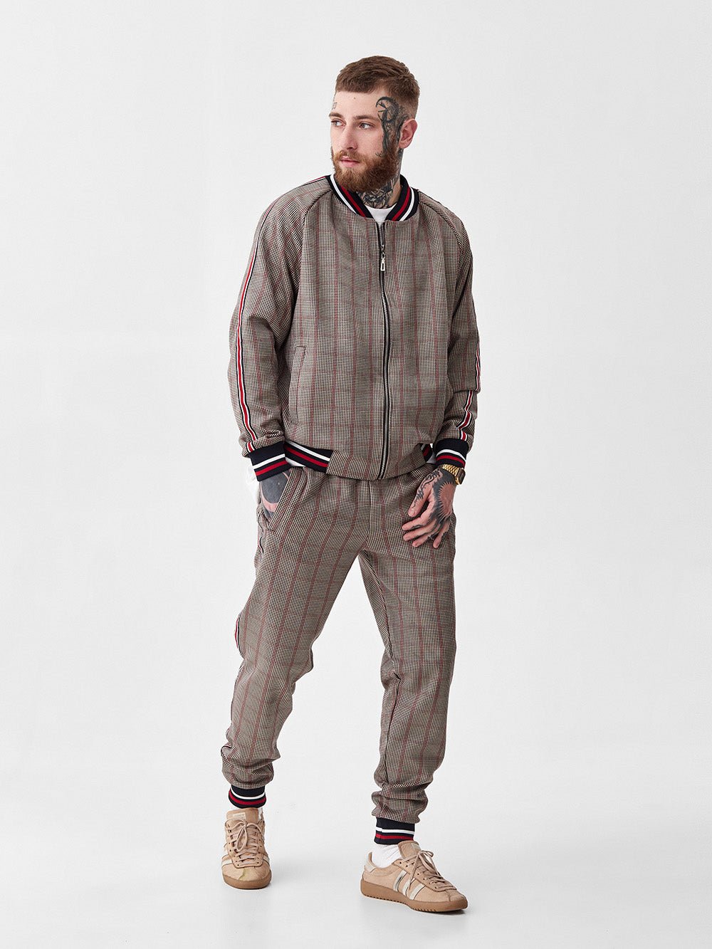 Brown Glen Plaid Gentlemen Tracksuit — glen plaid bomber jacket and joggers, front view