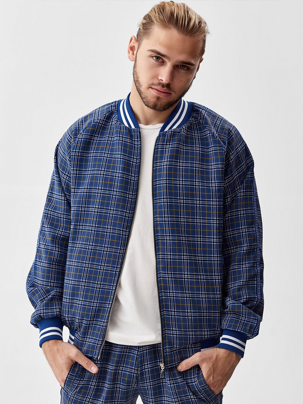 Navy Plaid Gentlemen Tracksuit — close-up of the bomber jacket