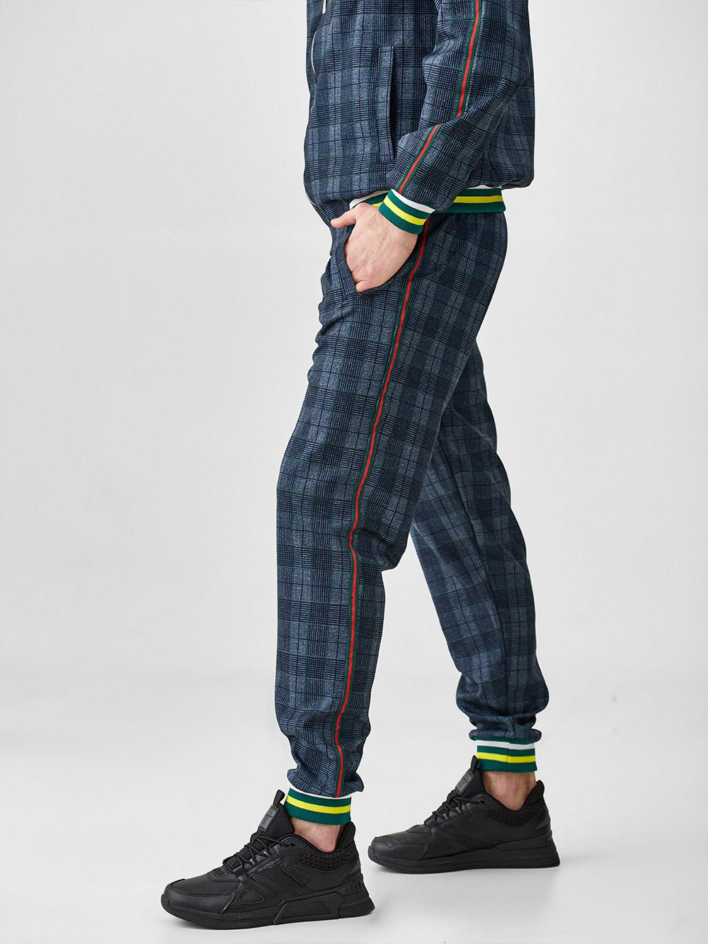Slate Blue Plaid Gentlemen Tracksuit — close-up of the joggers with side stripe