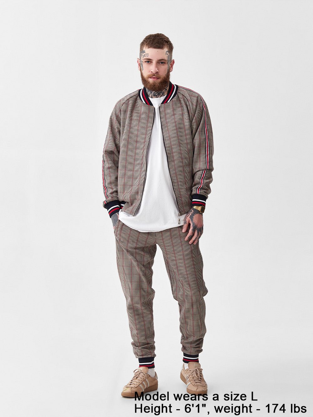 Brown Glen Plaid Gentlemen Tracksuit — front view, jacket open