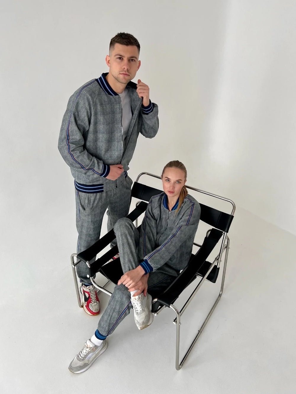 Women's Grey & Blue Glen Plaid Tracksuit — his-and-hers couple look, another angle