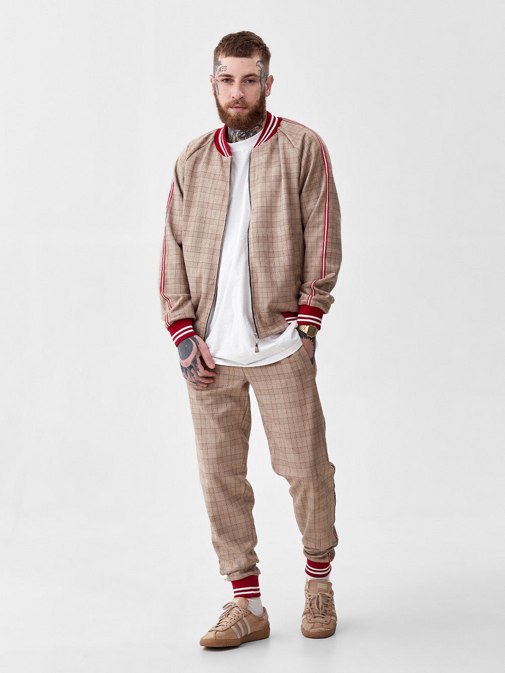 Beige & Red Glen Plaid Gentlemen Tracksuit — glen plaid bomber jacket and joggers, front view