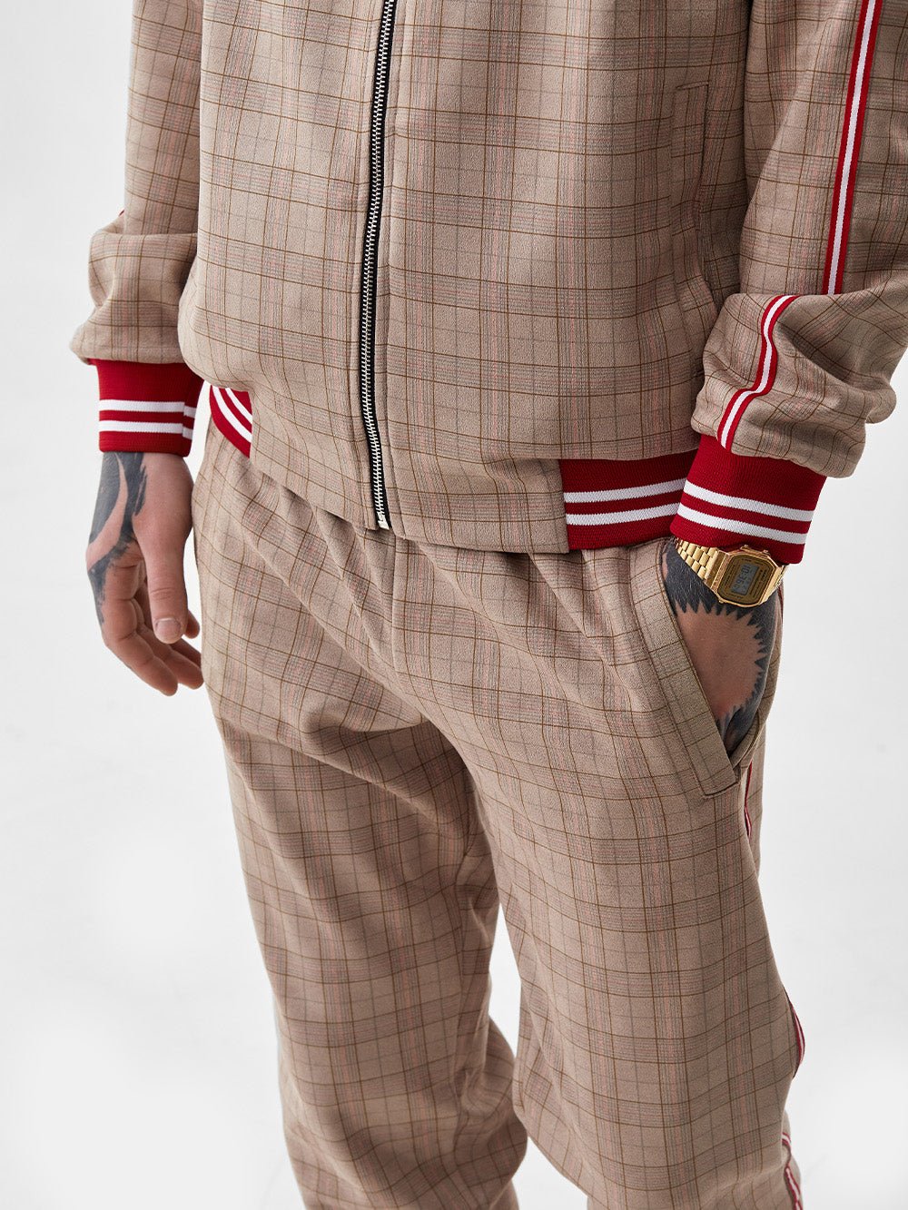 Beige & Red Glen Plaid Gentlemen Tracksuit — close-up of the jacket and joggers