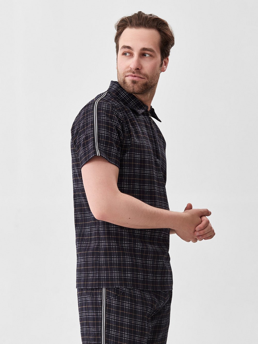 Black Check Summer Set — check polo shirt and shorts inspired by The Gentlemen, shirt close-up