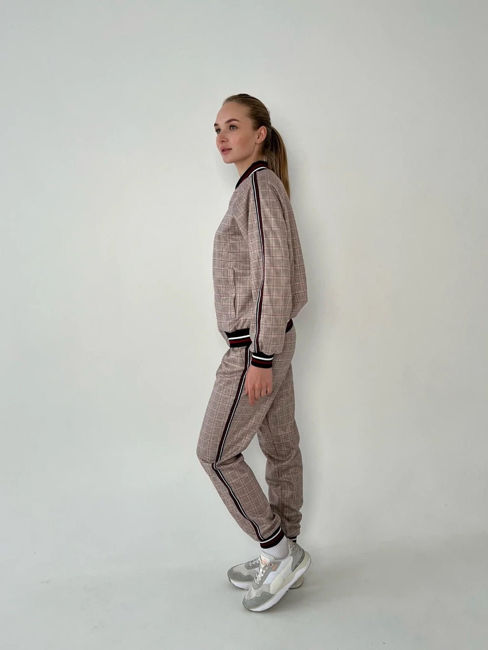Women's Beige Glen Plaid Tracksuit — side view