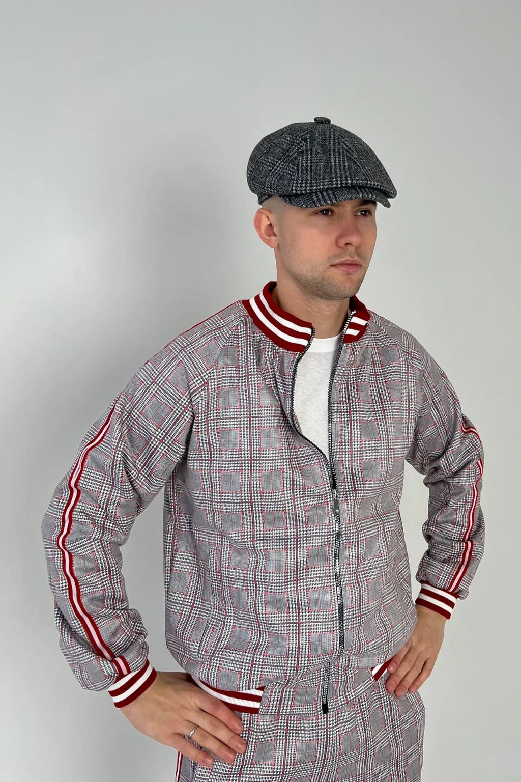 Tartan Plaid Gentlemen Tracksuit — close-up of the bomber jacket, three-quarter view