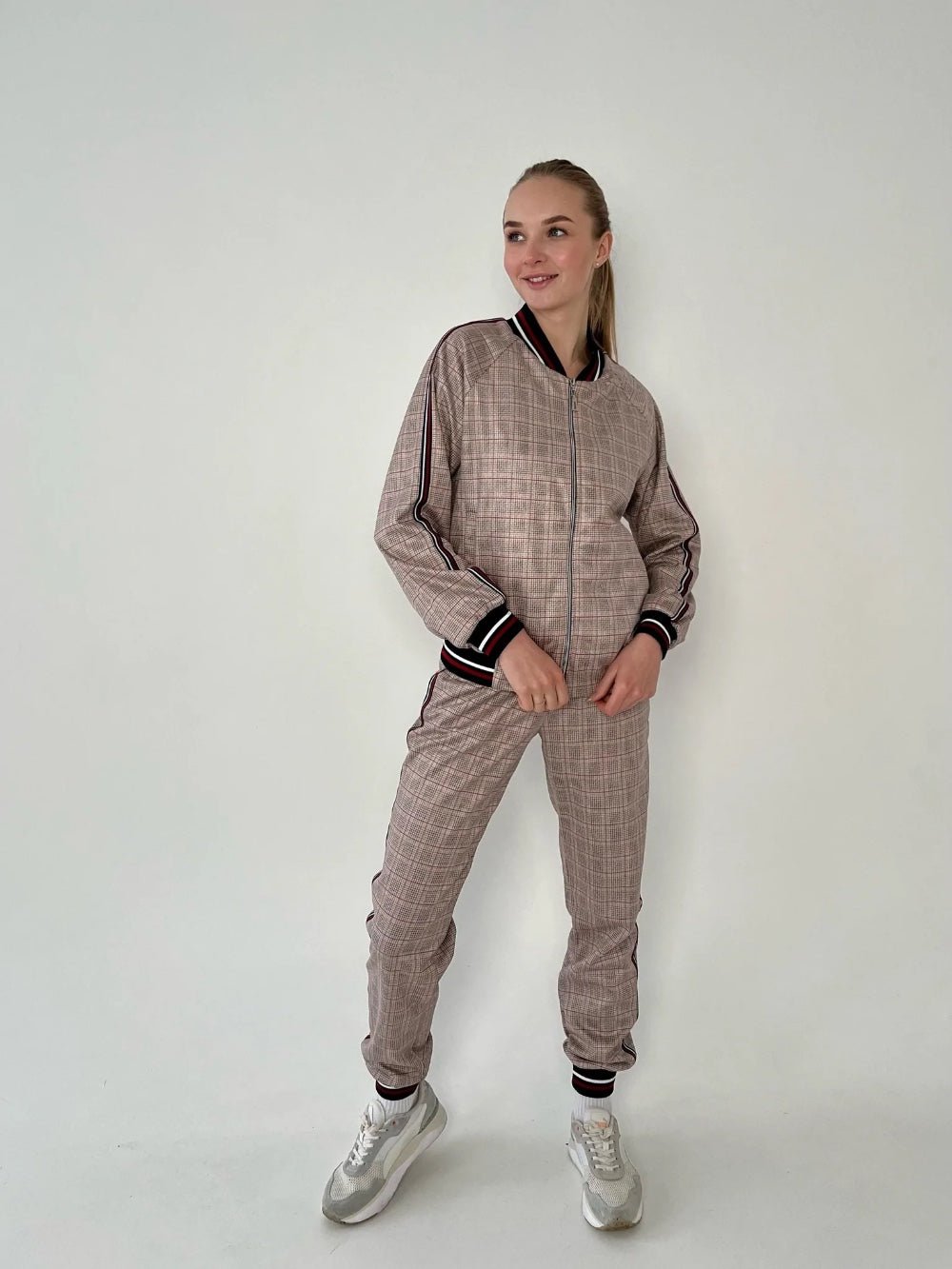 Women's Beige Glen Plaid Tracksuit — front view, another angle