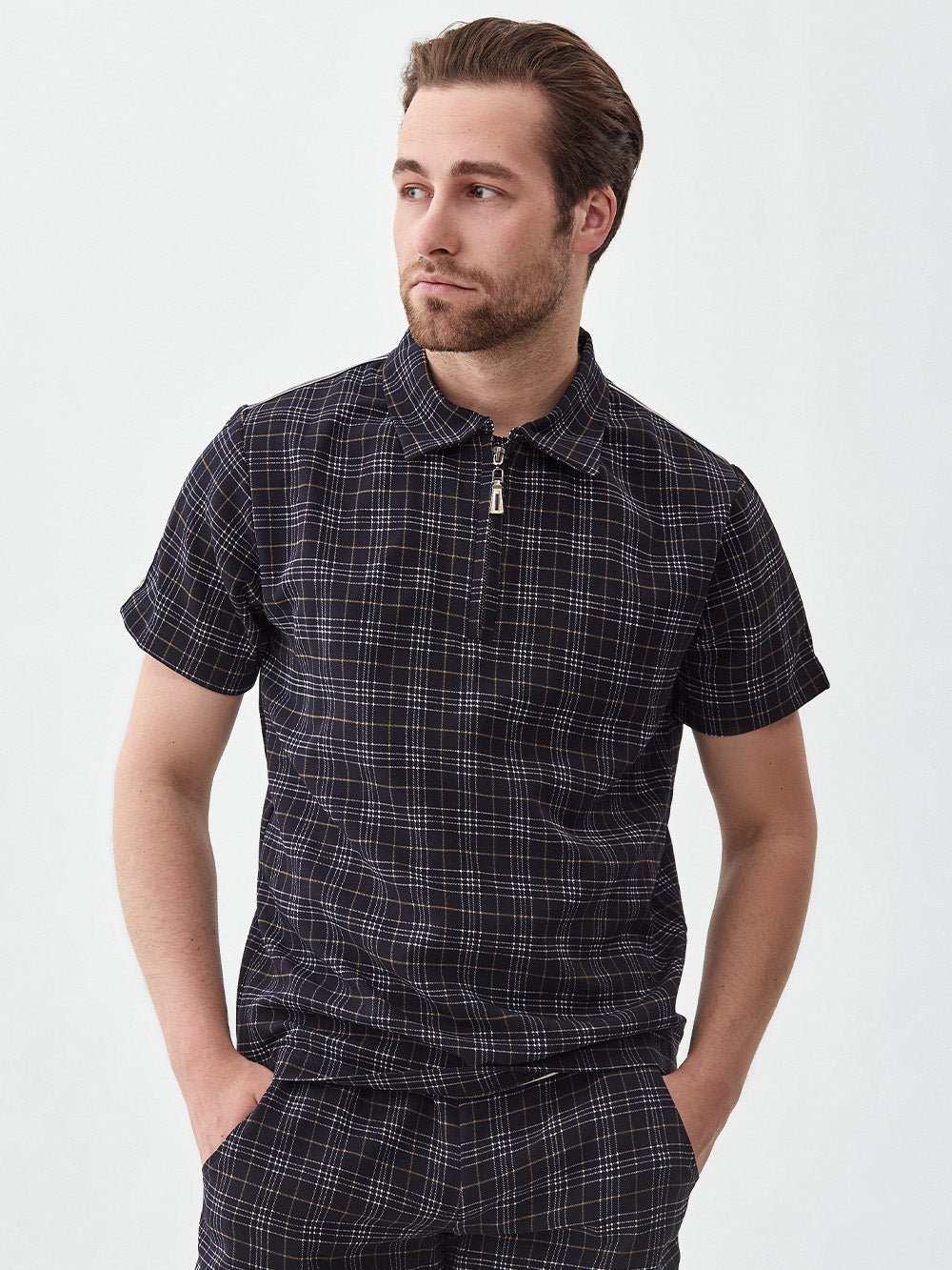Black Check Summer Set — close-up of the polo shirt, another angle