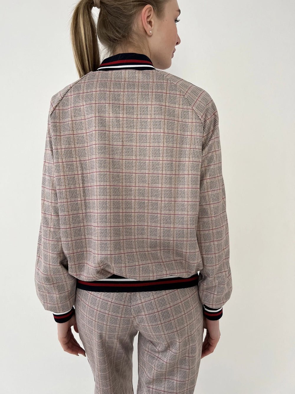 Women's Beige Glen Plaid Tracksuit — close-up of the jacket back