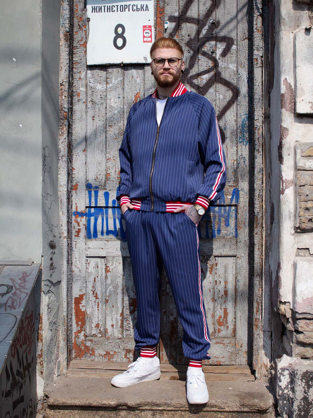 Premium Navy Blue Pinstripe Gentlemen Tracksuit — pinstripe bomber jacket and joggers, front view