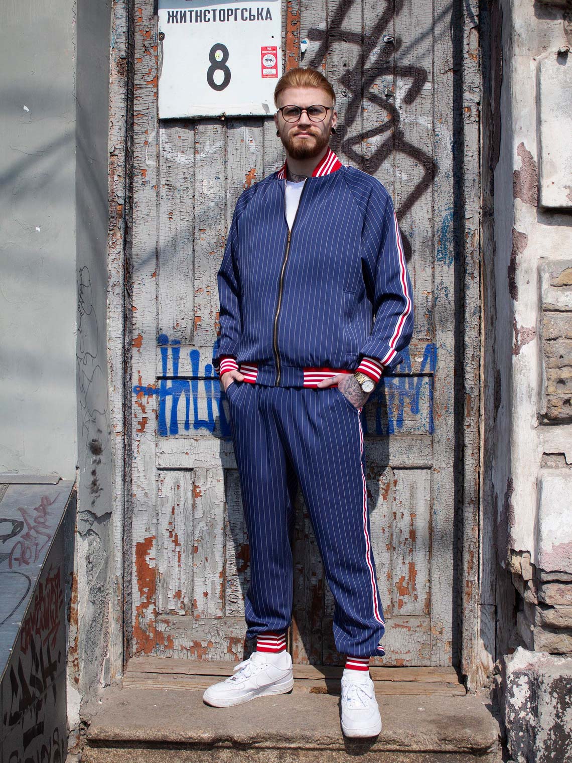 Premium Navy Blue Pinstripe Gentlemen Tracksuit — pinstripe bomber jacket and joggers, front view