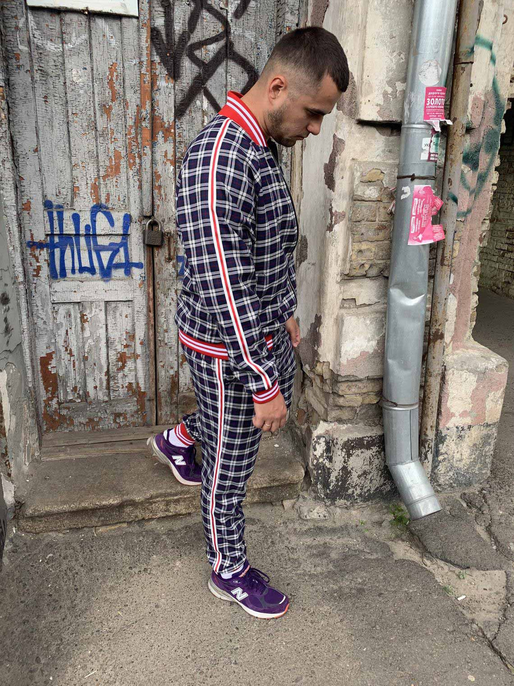 Premium Navy Check Gentlemen Tracksuit — side view