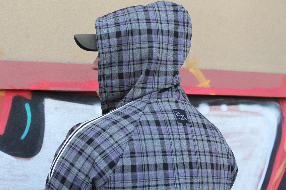 Premium Slate Grey Tartan Hooded Gentlemen Tracksuit — hood up, back view