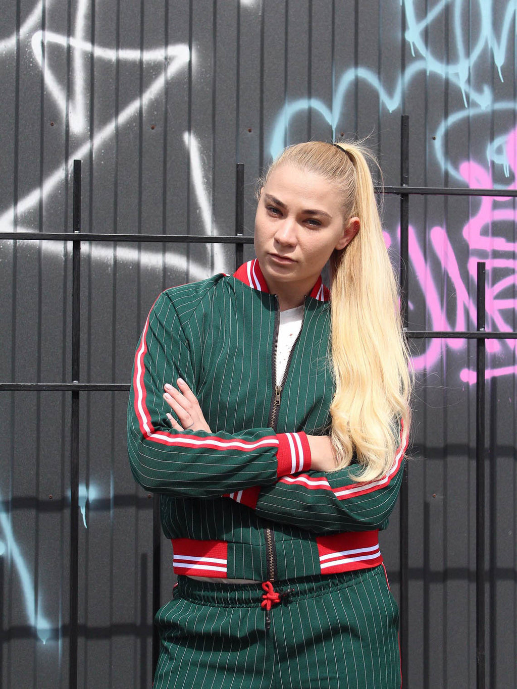 Premium Women's Green Pinstripe Tracksuit — close-up of the bomber jacket
