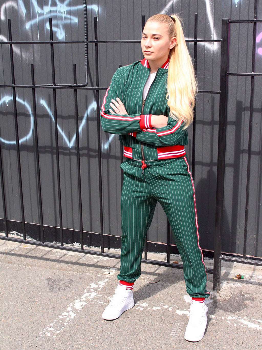 Premium Women's Green Pinstripe Tracksuit — front view, another angle
