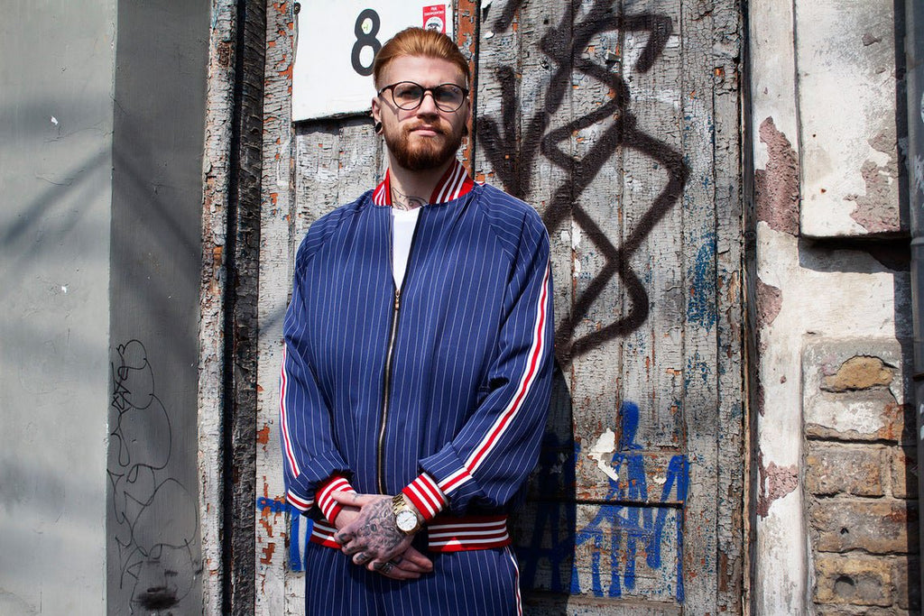 Premium Navy Blue Pinstripe Gentlemen Tracksuit — close-up of the bomber jacket