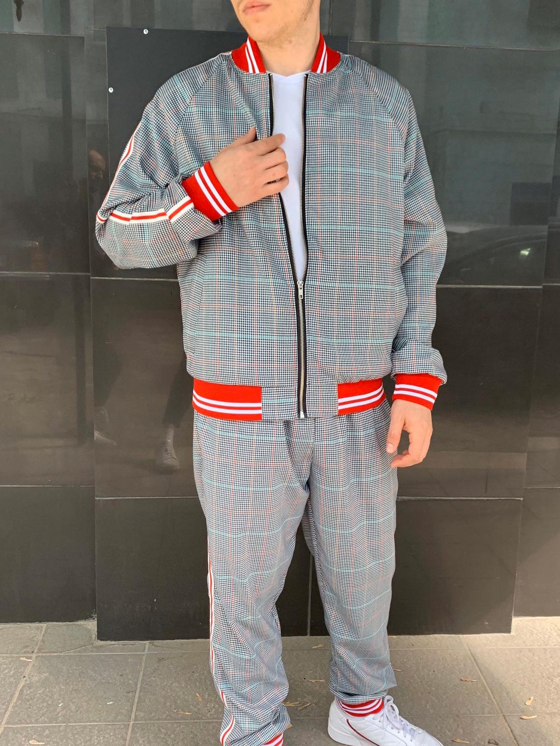 Premium Light Grey Glen Plaid Gentlemen Tracksuit — front view, jacket open