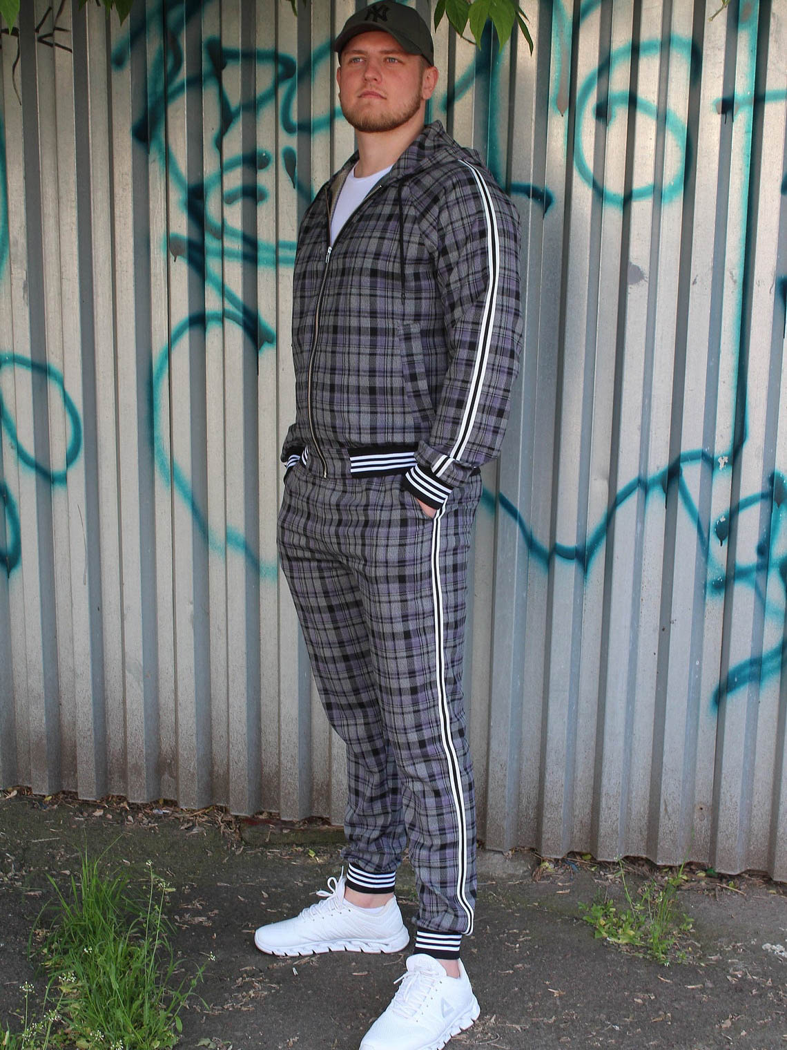 Premium Slate Grey Tartan Hooded Gentlemen Tracksuit — front view