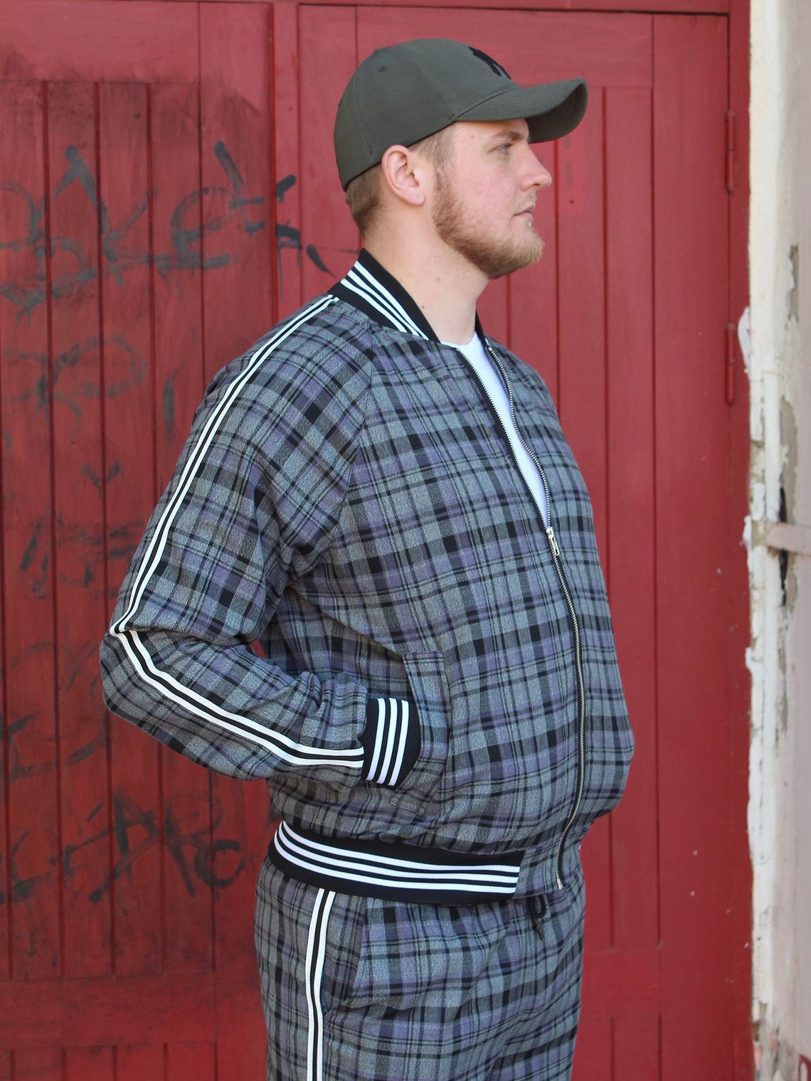 Premium Slate Grey Tartan Gentlemen Tracksuit — close-up of the bomber jacket, three-quarter view