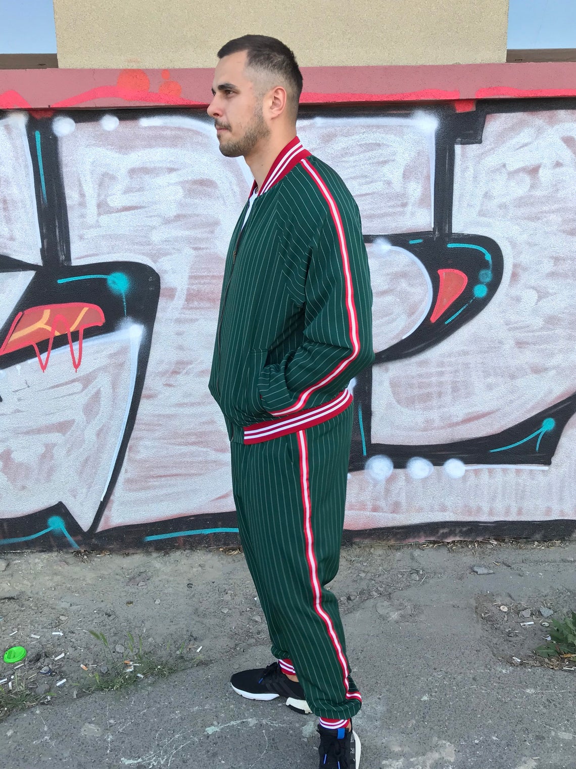 Premium Dark Green Pinstripe Gentlemen Tracksuit — side view