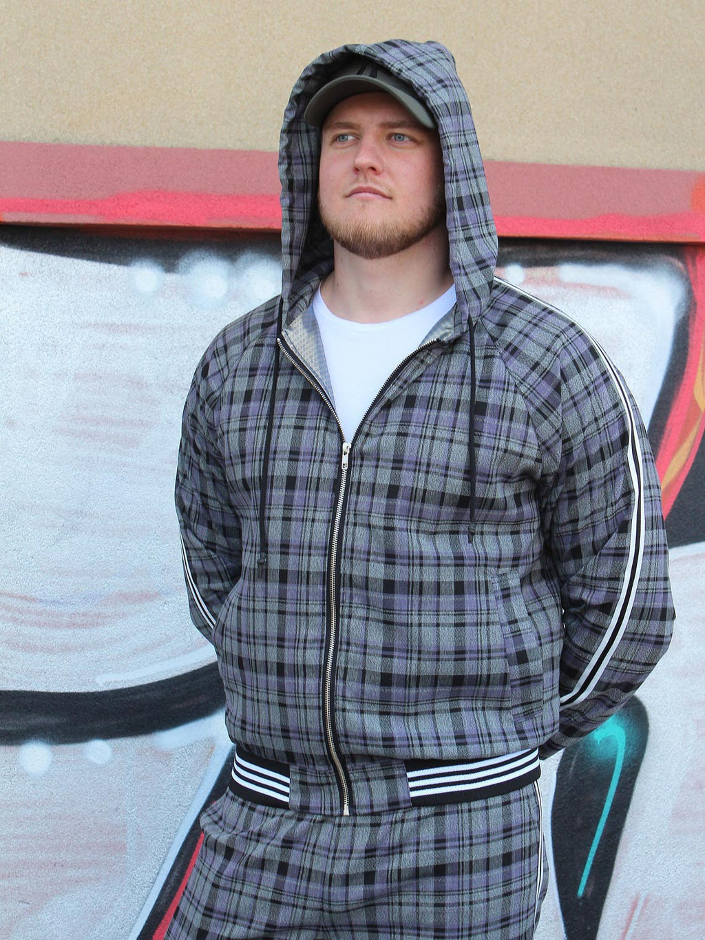 Premium Slate Grey Tartan Hooded Gentlemen Tracksuit — tartan hooded jacket and joggers, hood up, close-up