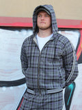 Premium Slate Grey Tartan Hooded Gentlemen Tracksuit — tartan hooded jacket and joggers, hood up, close-up
