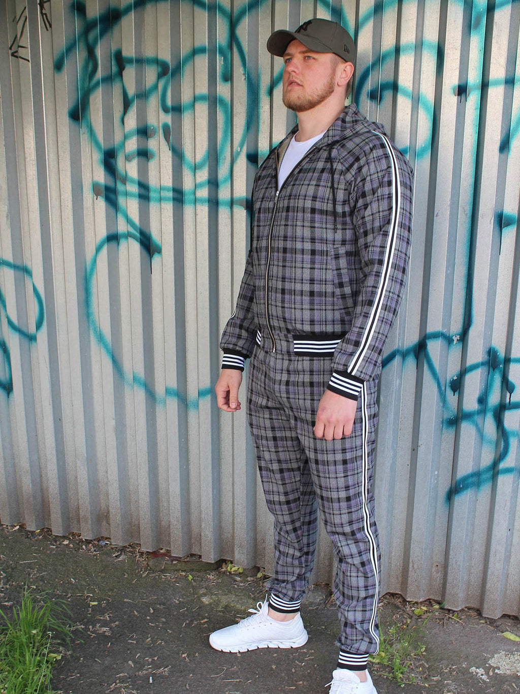 Premium Slate Grey Tartan Hooded Gentlemen Tracksuit — three-quarter front view