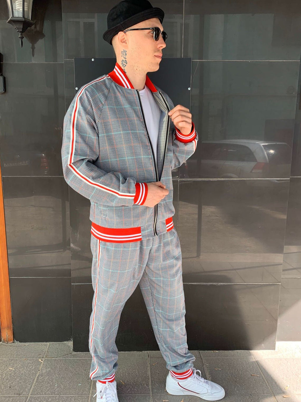 Premium Light Grey Glen Plaid Gentlemen Tracksuit — glen plaid bomber jacket and joggers, three-quarter front view