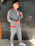 Premium Light Grey Glen Plaid Gentlemen Tracksuit — glen plaid bomber jacket and joggers, three-quarter front view