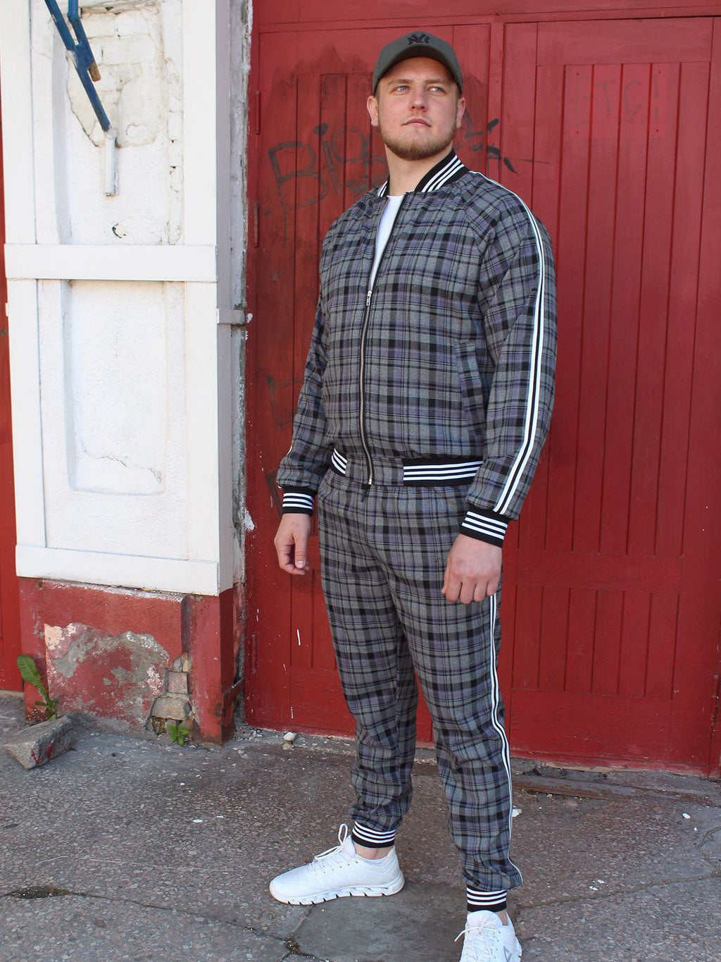 Premium Slate Grey Tartan Gentlemen Tracksuit — tartan bomber jacket and joggers, front view