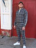 Premium Slate Grey Tartan Gentlemen Tracksuit — tartan bomber jacket and joggers, front view