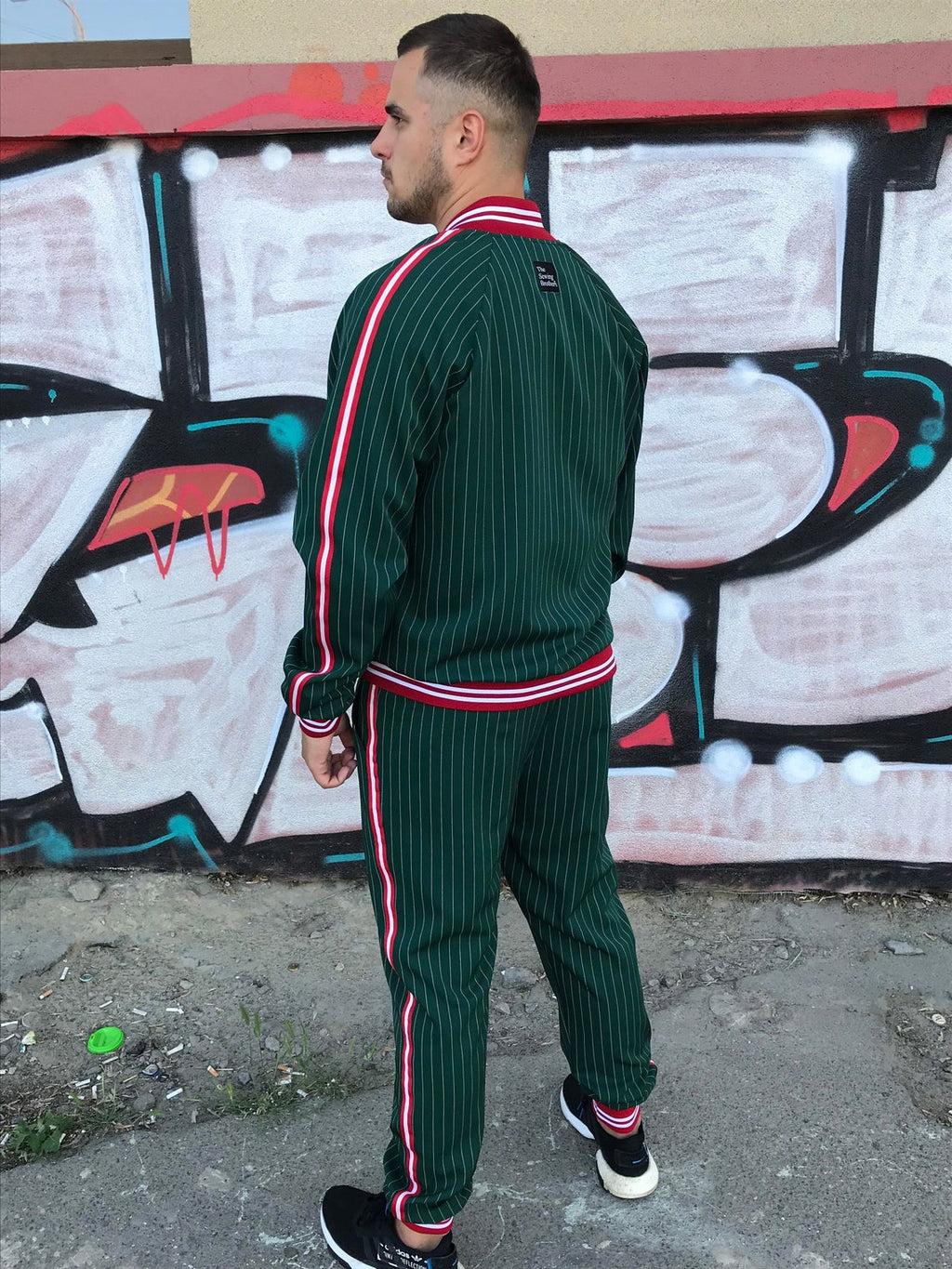 Premium Dark Green Pinstripe Gentlemen Tracksuit — side view, another angle