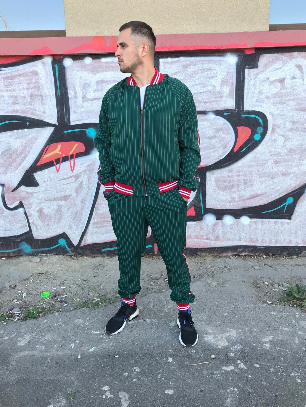 Premium Dark Green Pinstripe Gentlemen Tracksuit — pinstripe bomber jacket and joggers, front view