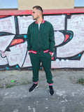 Premium Dark Green Pinstripe Gentlemen Tracksuit — pinstripe bomber jacket and joggers, front view