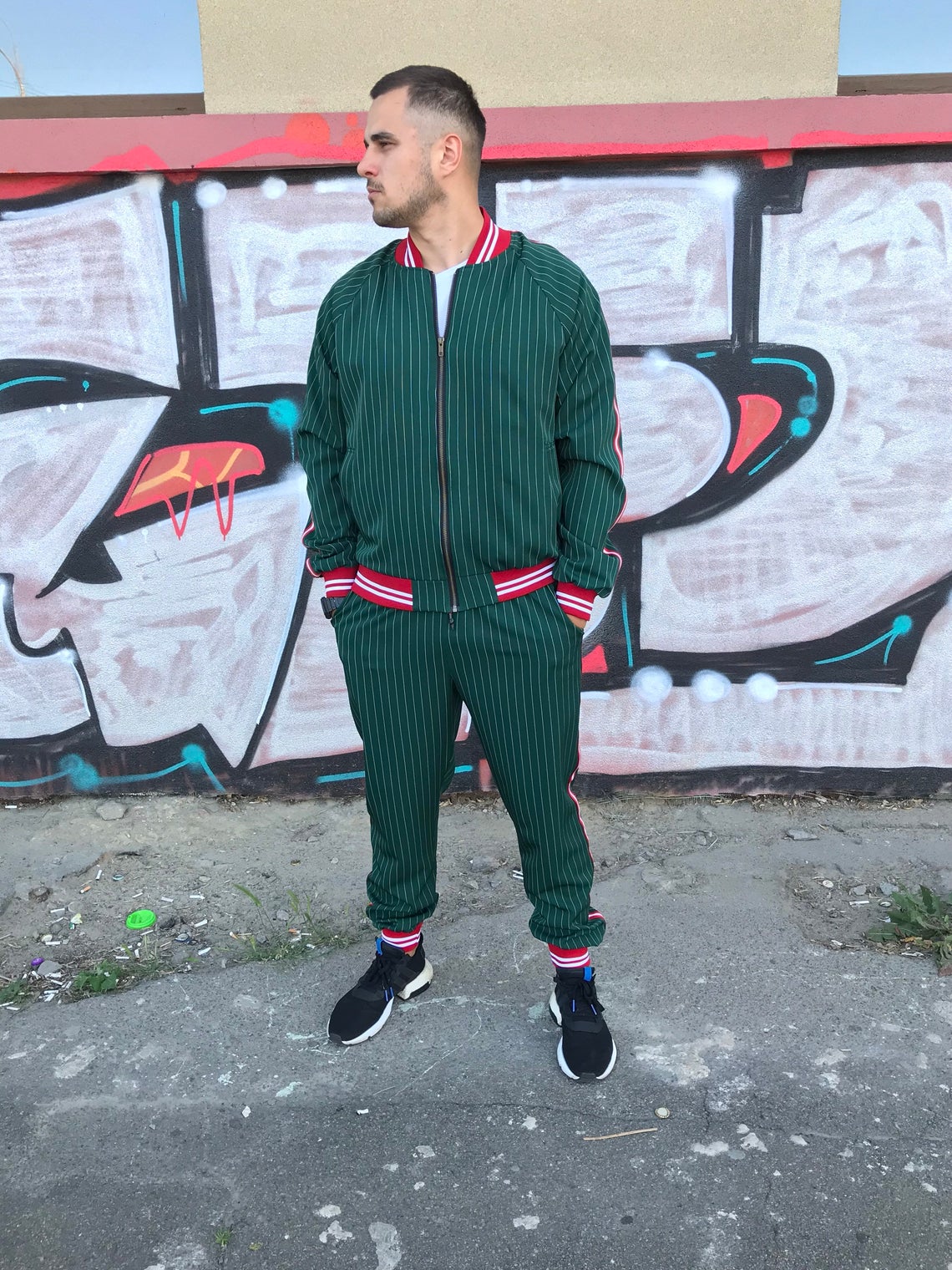 Premium Dark Green Pinstripe Gentlemen Tracksuit — pinstripe bomber jacket and joggers, front view