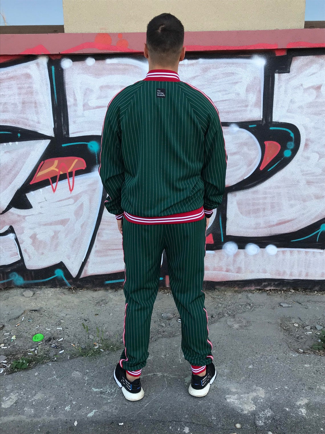 Premium Dark Green Pinstripe Gentlemen Tracksuit — back view