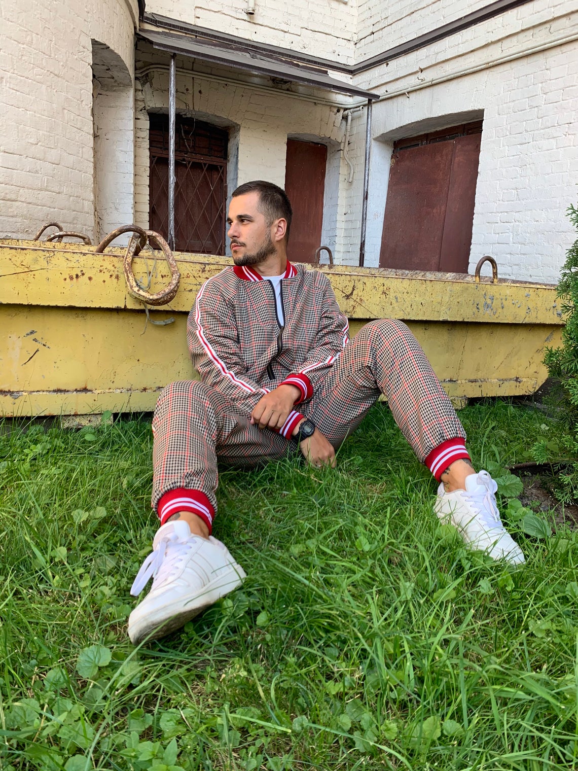 Premium Tan & Red Glen Plaid Gentlemen Tracksuit — seated pose